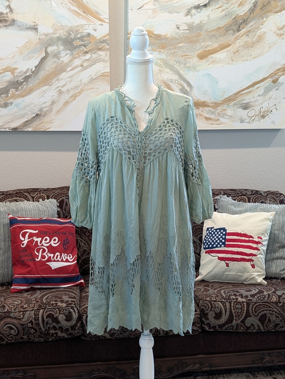 Boho Sage Green Crochet Detail Tunic